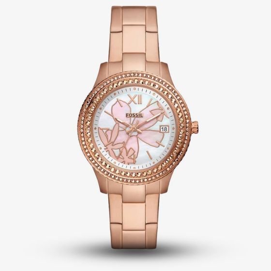Fossil Ladies Stella Rose Gold-Plated Flower Dial Watch ES5192
