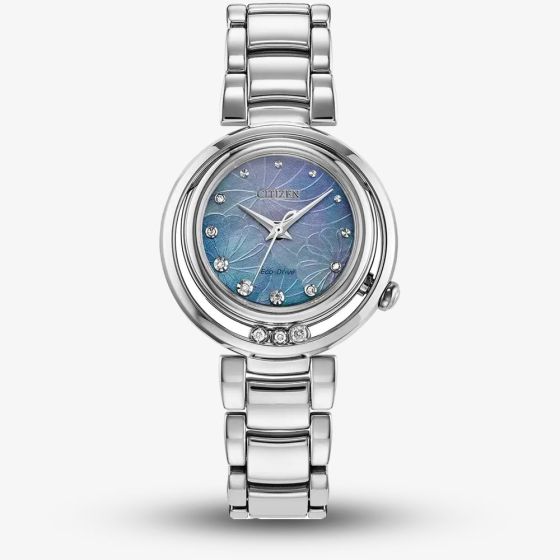 Citizen L Arcly Eco Drive Mother Of Pearl Diamond Floral Blue Watch EM1110-56N