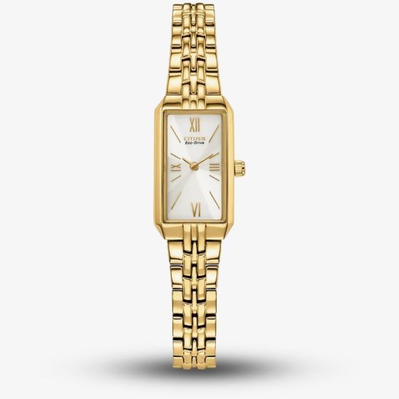 Citizen Ladies Silhouette Gold Tone White Rectangle Dial Watch EG2693-51P