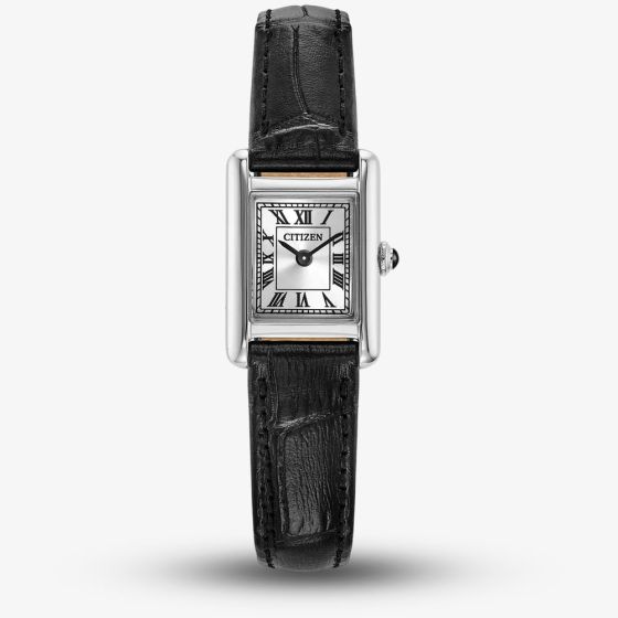 Citizen Ladies Fio Roma Eco-Drive Silver Rectangular Dial Black Leather Strap Watch EG2790-12A