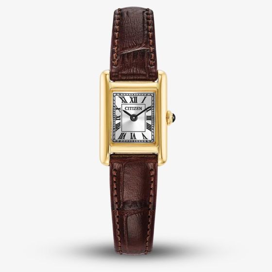 Citizen Ladies Fio Roma Eco-Drive Gold Rectangular Dial Brown Leather Strap Watch EG2797-13A