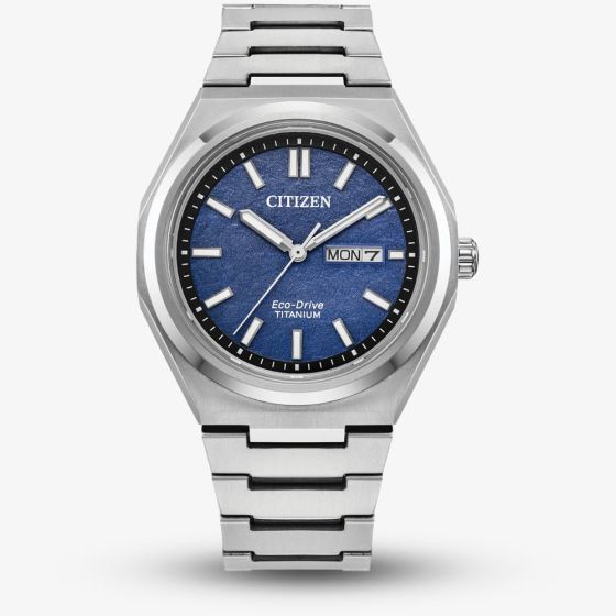 Citizen Zenshin Super Titanium Eco Drive Silver & Blue Watch AW0130-85L