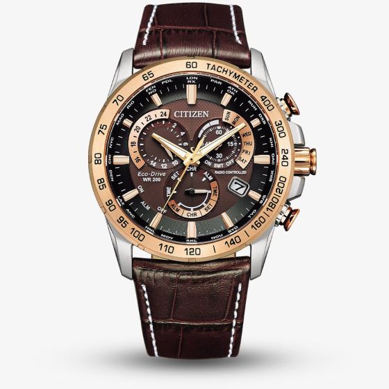 Citizen Mens Perpetual Chrono AT Brown Leather Strap Watch CB5899-05X