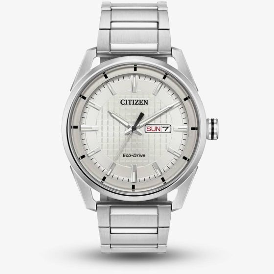 Citizen Mens Eco-Drive Silver Day Date Dial Stainless Steel Bracelet Watch AW0080-57A
