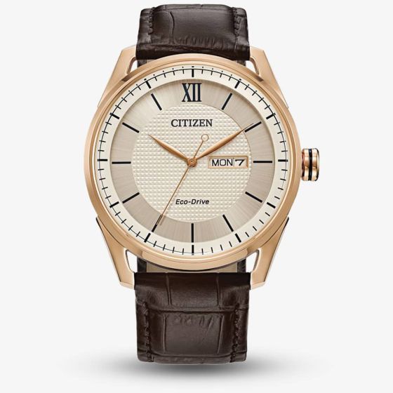 Citizen Mens Eco-Drive Gold Plated Dial & Leather Strap Watch AW0082-01A