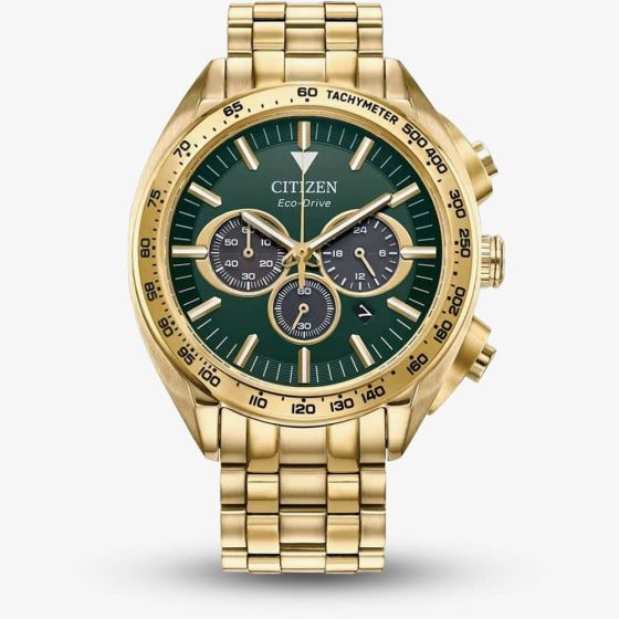 Citizen Mens Eco-Drive Gold Tone Green Chronograph Watch CA4542-59X