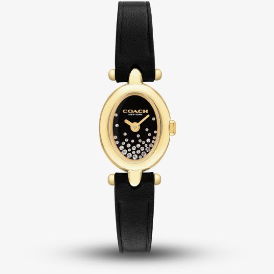Coach Ladies Sammy Golden Oval Black Crystal Dial Leather Strap Watch 14504739