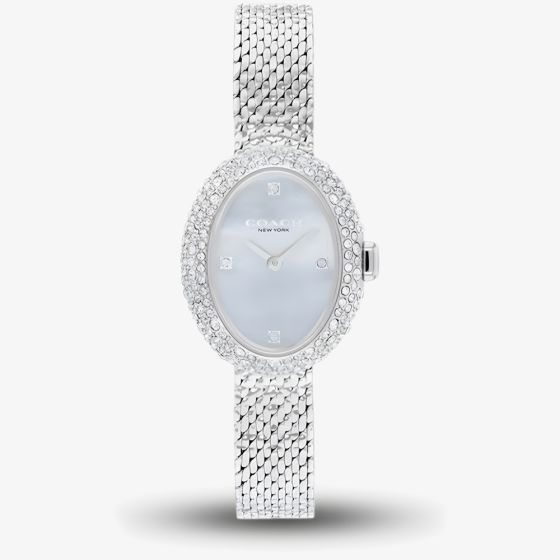 Coach Ladies Sammy Blue Dial Crystal Set Oval Mesh Bracelet Watch 14504689