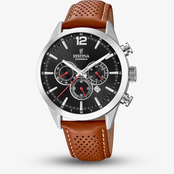 Festina Mens Timeless Chronograph Brown Leather Strap Watch F20542/6