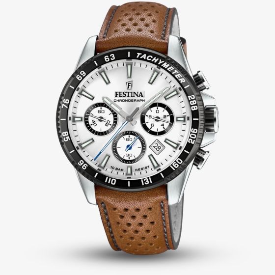 Festina Mens Silver Chronograph Brown Leather Strap Watch F20561/1