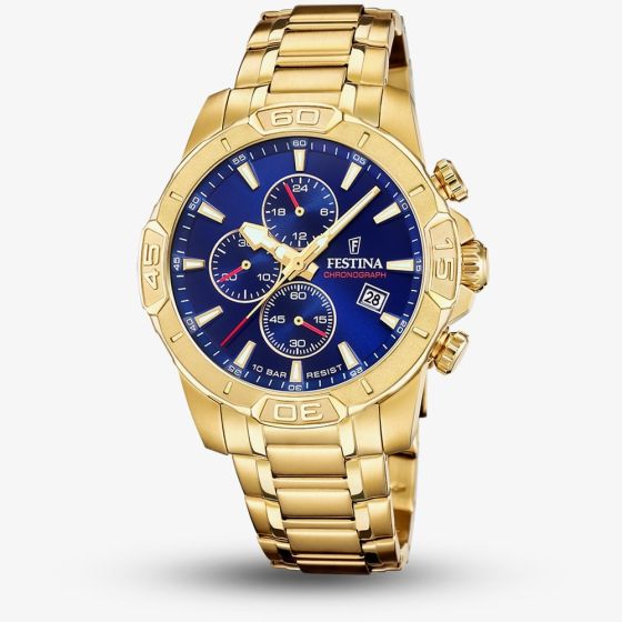 Festina Mens Timeless Chronograph Gold Tone Blue Dial Watch F20705/3