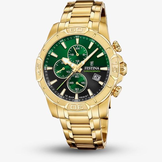 Festina Mens Timeless Chronograph Gold Tone Green Dial Watch F20705/6