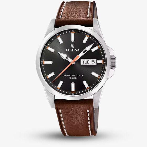 Festina Mens Classics Black Dial Brown Leather Strap Watch F20358/2