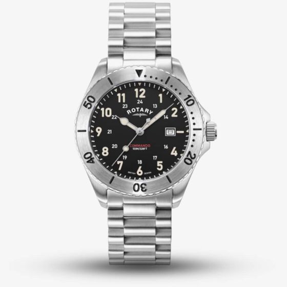 Rotary Mens Commando Black Dial Stainless Steel Watch GB05475/19
