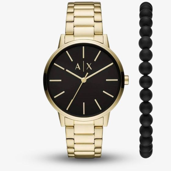 Armani Exchange Mens Cayde Gold Watch & Beaded Bracelet Gift Set AX7119