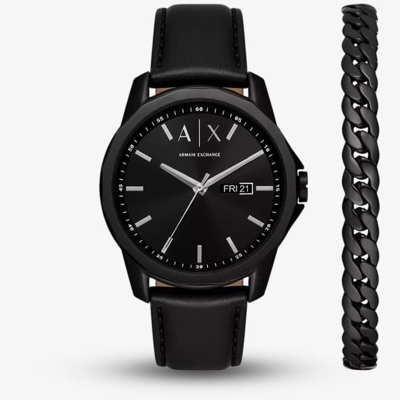 Armani Exchange Mens Banks Leather Strap Watch & Chain Bracelet Gift Set AX7147SET