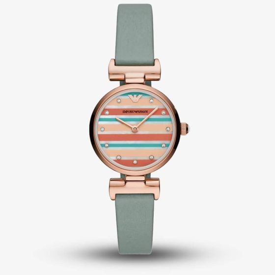 Emporio Armani Ladies T-Bar Rose Gold Plated Multicolour Dial Blue Reversible Strap Watch AR11292