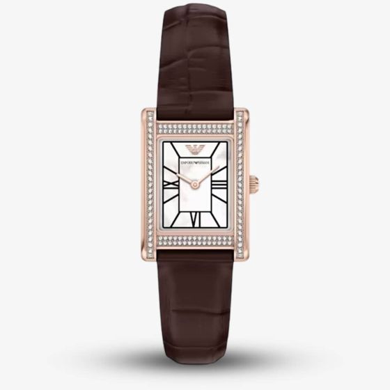 Emporio Armani Ladies Genni White Mother Of Pearl Rectangular Dial Brown Leather Strap Watch AR11804