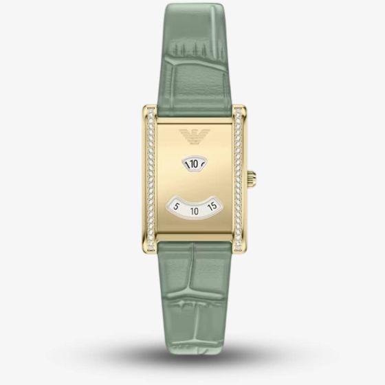 Emporio Armani Ladies Mystery Hour Gold Tone Rectangular Dial Leather Strap Watch AR11815