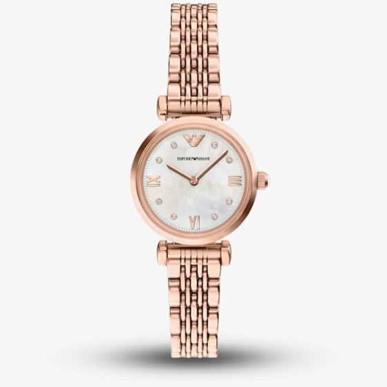 Emporio Armani Ladies Gianni White Mother Of Pearl Dial Rose Gold Tone Bracelet Watch AR11805