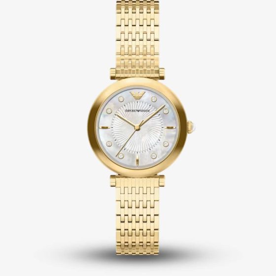 Emporio Armani Ladies Archelia Silver Mother Of Pearl Dial Gold Tone Bracelet Watch AR11809