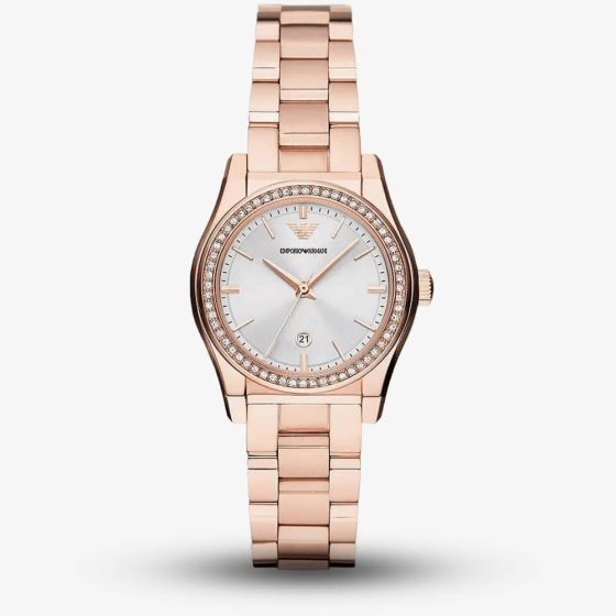 Emporio Armani Ladies Federica Rose Gold Crystal Set Watch AR11558