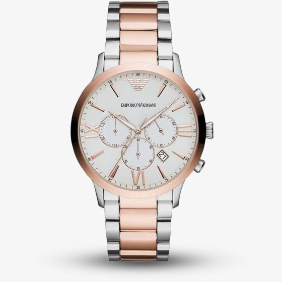 Emporio Armani Mens Giovanni Two Tone Silver Chronograph Dial Bracelet Watch AR11209
