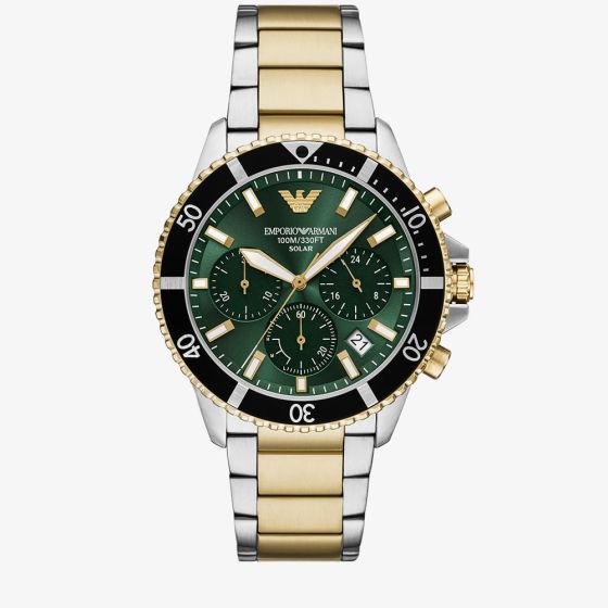 Emporio Armani Mens World Explorer Solar Powered Two Tone Chronograph Watch AR11695