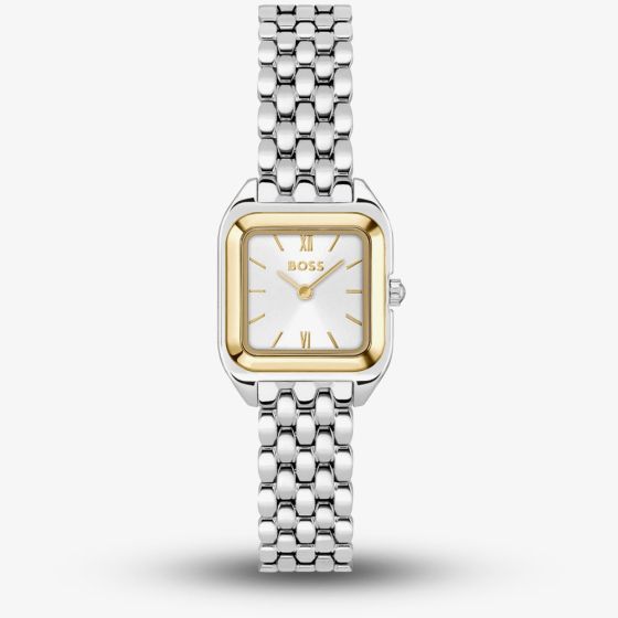 BOSS Ladies Mae Petite Two Tone Rectangle White Dial Watch 1502821