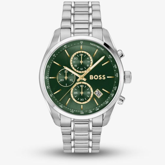 BOSS Mens Grand Prix 44 Silver Tone Green Dial Watch 1514266