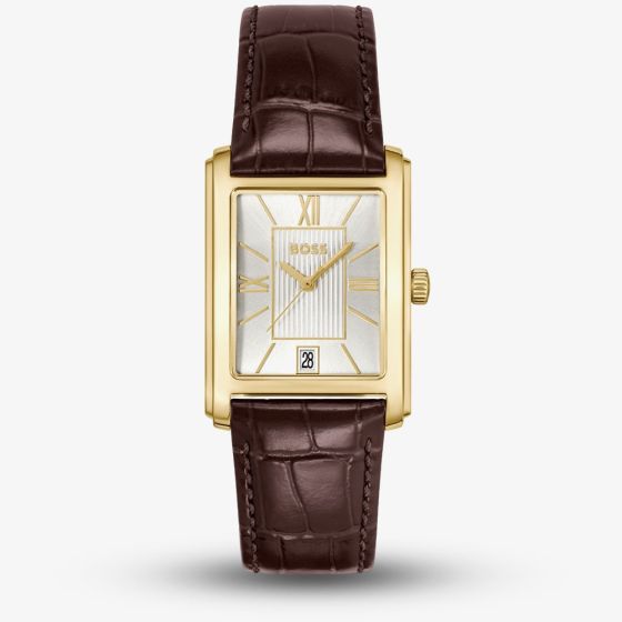BOSS Mens Principle Gold Tone Brown Leather Strap Watch 1514300
