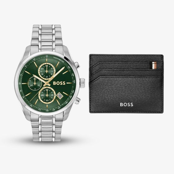 BOSS Mens Grand Prix Green Dial Bracelet Watch & Black Card Holder Gift Set 1570202