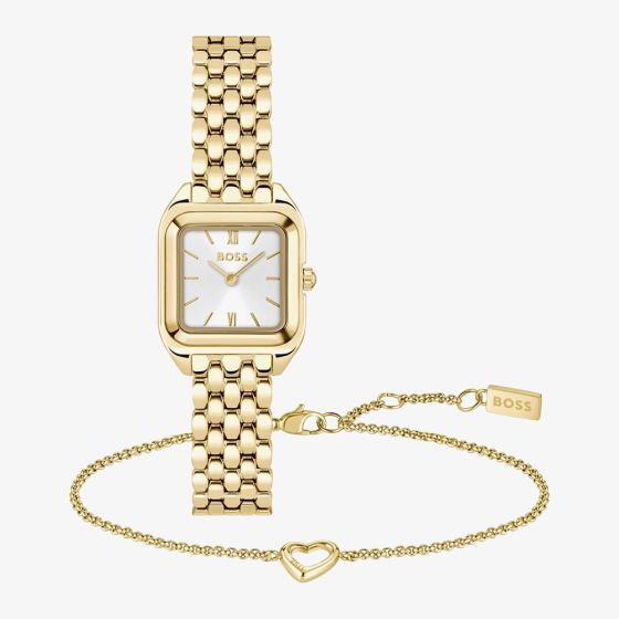BOSS Ladies Mae Petit Golden Square Bracelet Watch and Open Heart Bracelet Gift Set 1570203