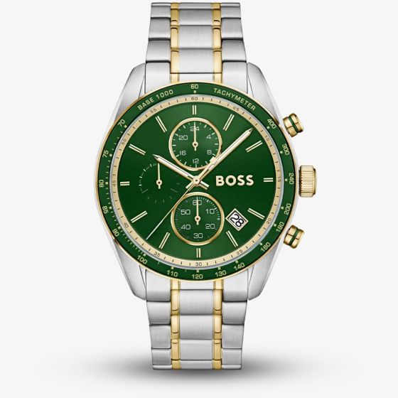 BOSS Mens Grand Prix Two Tone Chronograph Green Dial Bracelet Watch 1514345