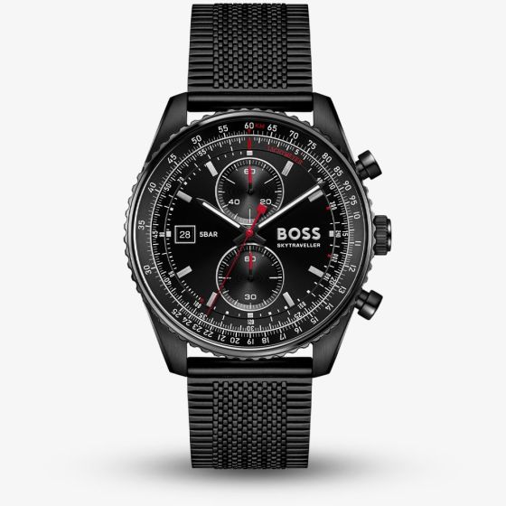 BOSS Mens Skytraveller Chronograph Black Dial Mesh Bracelet Watch 1514348