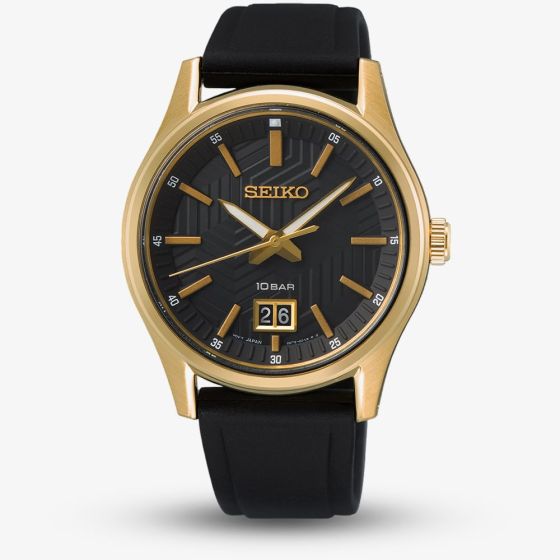 Seiko Mens Gold Plated Black Silicone Strap Watch SUR560P1