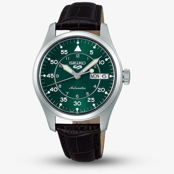 Seiko 5 Kelly Green 'Flieger' Suit Style  Green Dial Brown Leather Strap  Watch SRPJ89K1