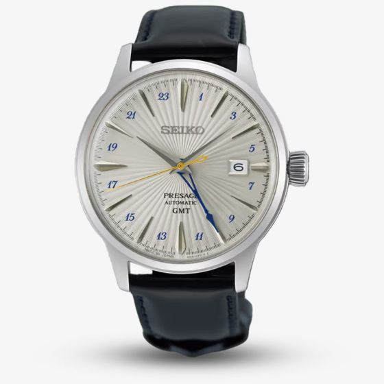 Seiko Mens Presage Silver Bullet Cocktail Time GMT Silver Dial Brown Leather Strap Watch SSK049J1
