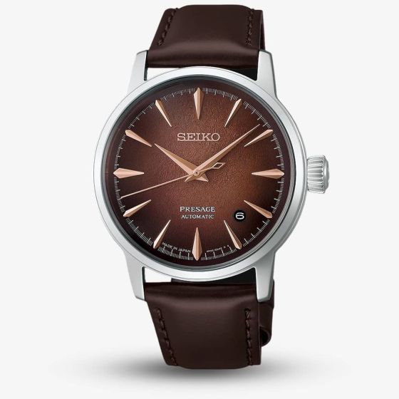 Seiko Mens Presage Cocktail Time 'Whisky Mist' Brown Dial Leather Strap Watch HCB003J1