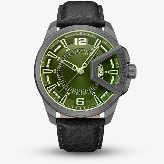 Police Mens Underlined Green Dial Leather Strap Watch PEWJB0005603