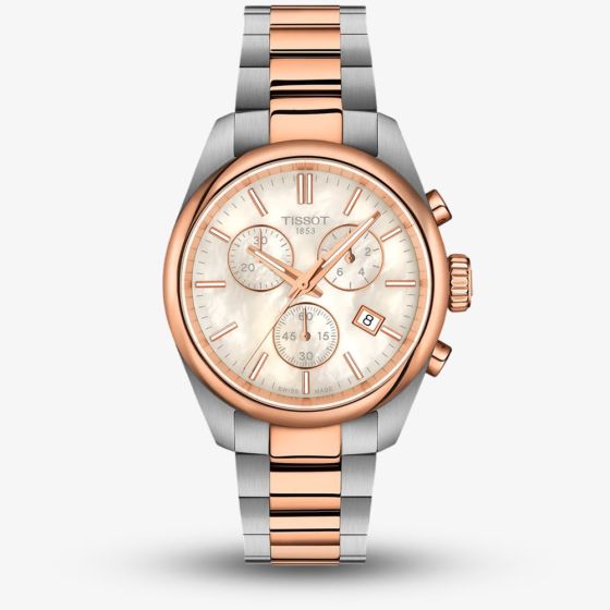 Tissot Ladies PR100 Rose Gold Plated White Mother of Pearl Chronograph Dial Watch T150.217.22.111.00
