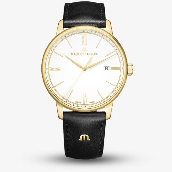 Maurice Lacroix Mens Eliros Gold Tone Black Leather Strap Watch EL1118-PVY01-110-2