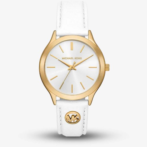 Michael Kors Runway Slim White Leather Strap Watch MK7466