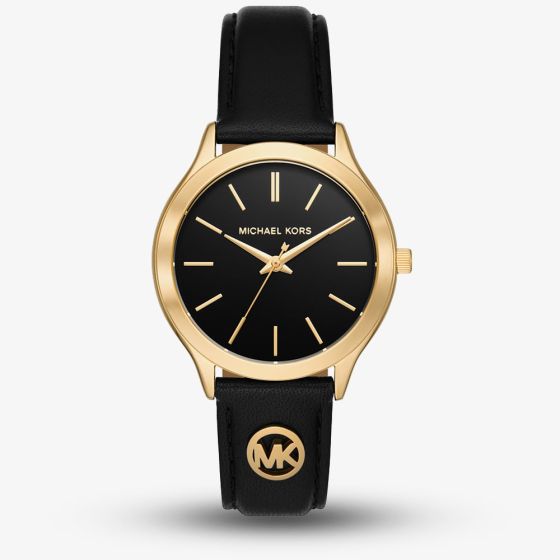 Michael Kors Ladies Slim Runway Black Leather Strap Watch MK7553