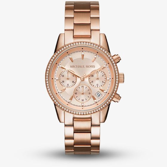 Michael Kors Ladies Bryant Rose Chronograph Dial Rose Gold Plated Bracelet Watch MK6357