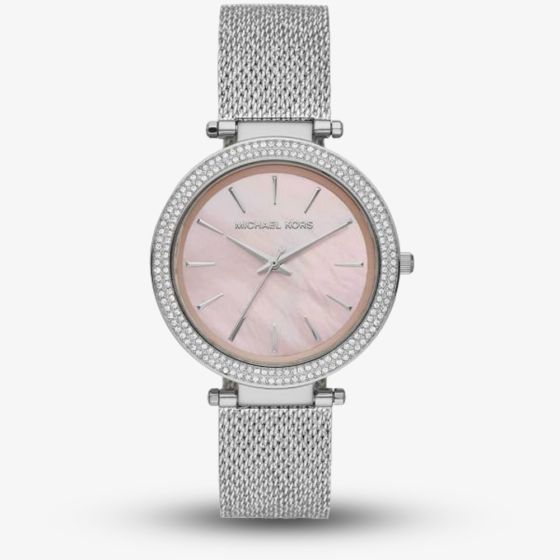 Michael Kors Ladies Darci Stainless Steel Pink Mother Of Pearl Dial Crystal Set Bezel Mesh Strap Watch MK4518