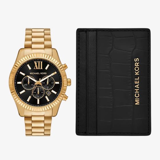 Michael Kors Mens Lexington Chronograph Watch & Black Leather Cardholder Gift Set MK9245SET