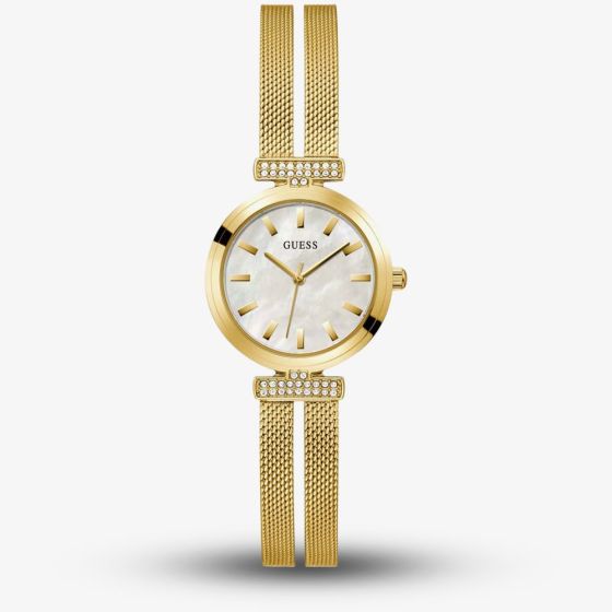 Guess Ladies Array Gold Tone Mother Of Pearl Crystal Watch GW0471L2