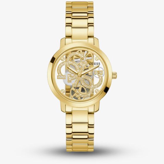 Guess Ladies Quattro Clear Gold Tone Skeleton Dial Watch GW0300L2