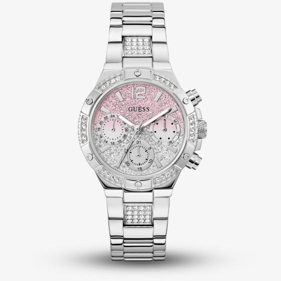 Guess Ladies Harlow Silver Tone Pink Dial Multifunction Watch GW0950L1